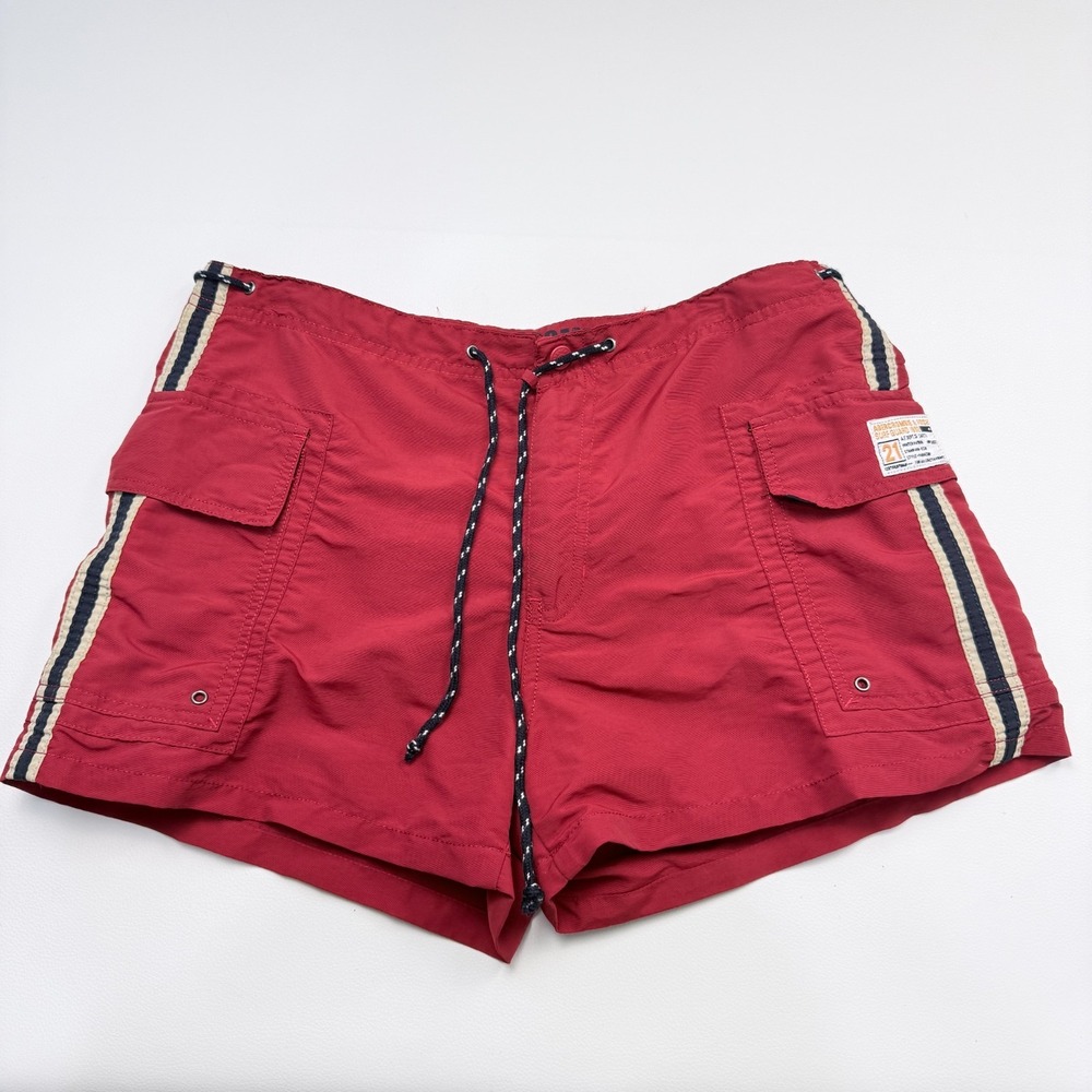 Women's Red Cargo Swim Shorts with Side Stripes